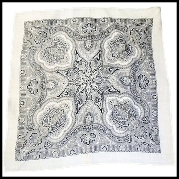 Large Wool Scarf Black White Jacobean Paisley, 70s Vintage Old Money Core - Picture 3 of 16